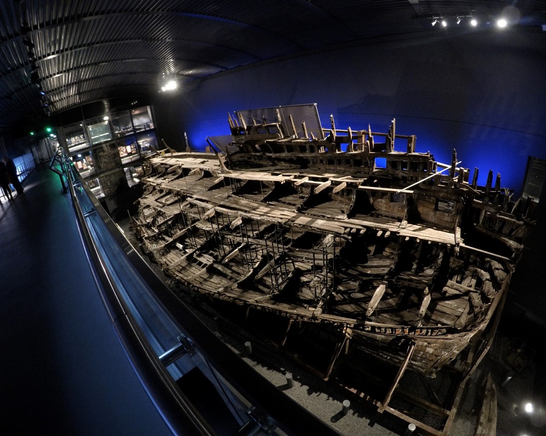 Looking down at the Mary Rose from the museum's top floor